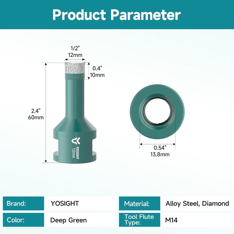 YOSIGHT 1/2 Inch (12mm) Diamond Hole Saw for Porcelain Tile & Glass - M14 Shank Core Drill Bit for Angle Grinder, Dry/Wet Hole Opener, Cuts Granite, Marble, Ceramic, Brick, Stone - Image 5
